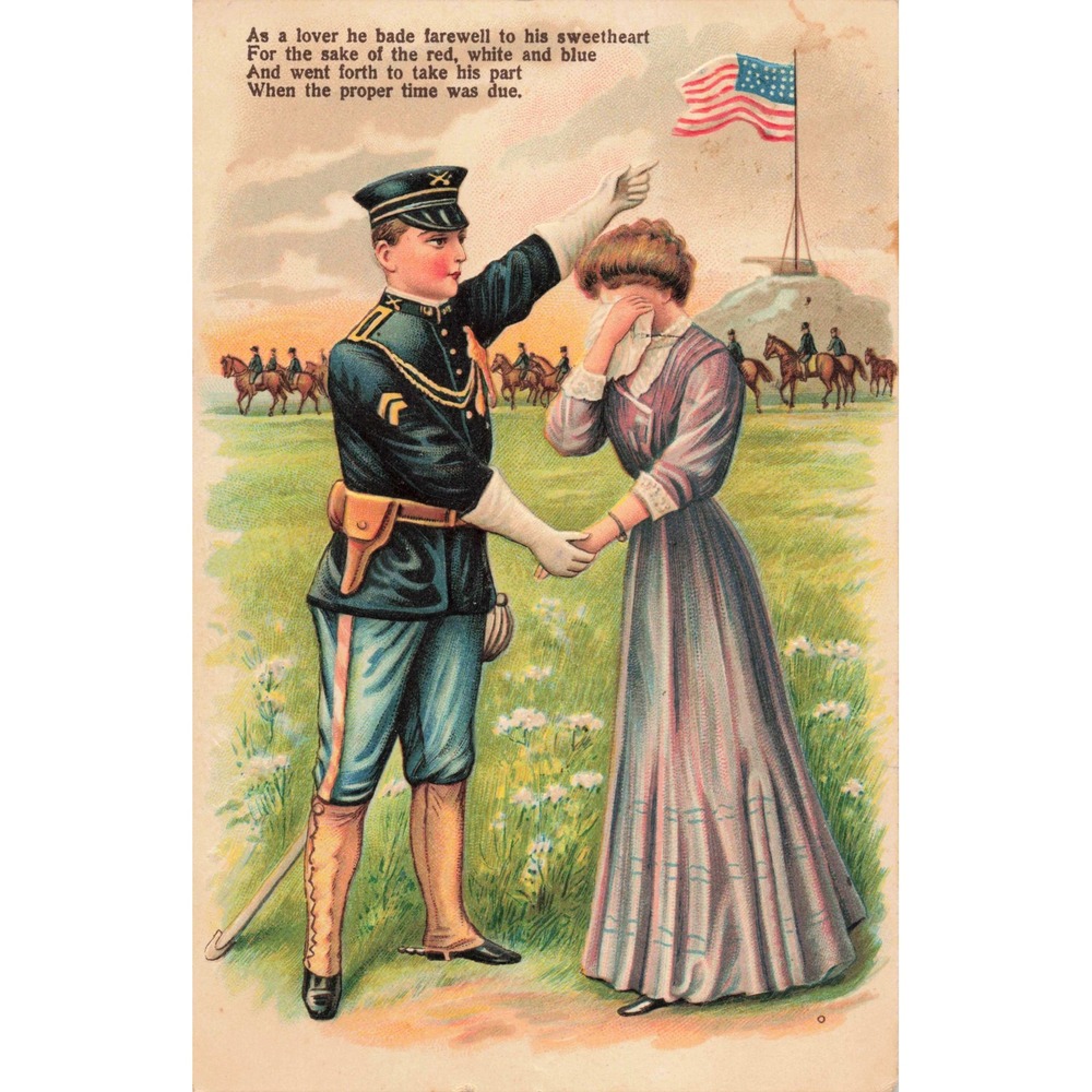 1908 Patriotic Postcard US Soldier Farewell Sweetheart American Flag Embossed